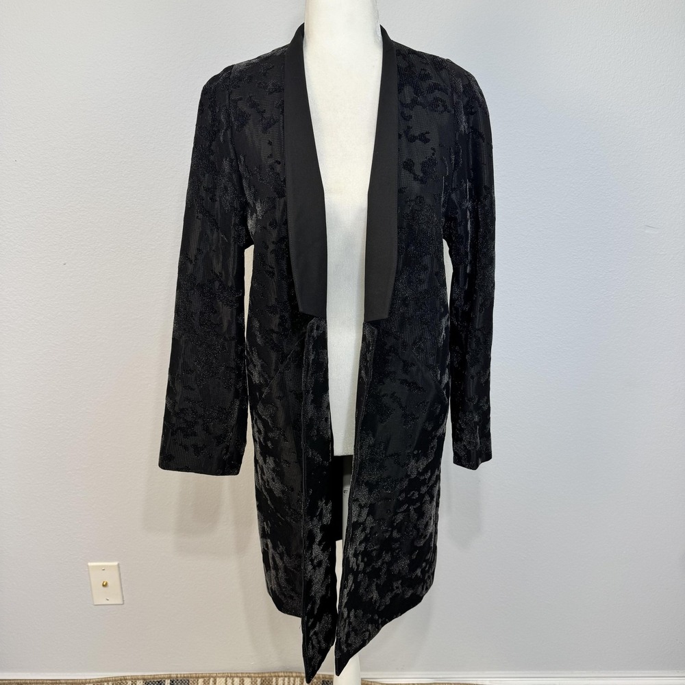 French Connection Coat Womens 4 Black Jacquard Shawl Collar Long Duster Jacket‎